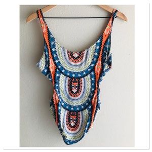 Your Eyes Lie One Piece Cut Out Side Swimsuit Celestial Boho Print Blue Size 8